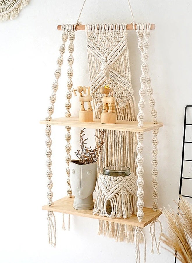 HOMESTAR 1 Pack Macrame Wall Hanging Shelf 2 Tier Handmade Boho Hanging Wall Shelf Floating Woven Rope Decorative Storage Racks Holder Organizer for Home Bedroom Bathroom Plants, Beige - Image 5