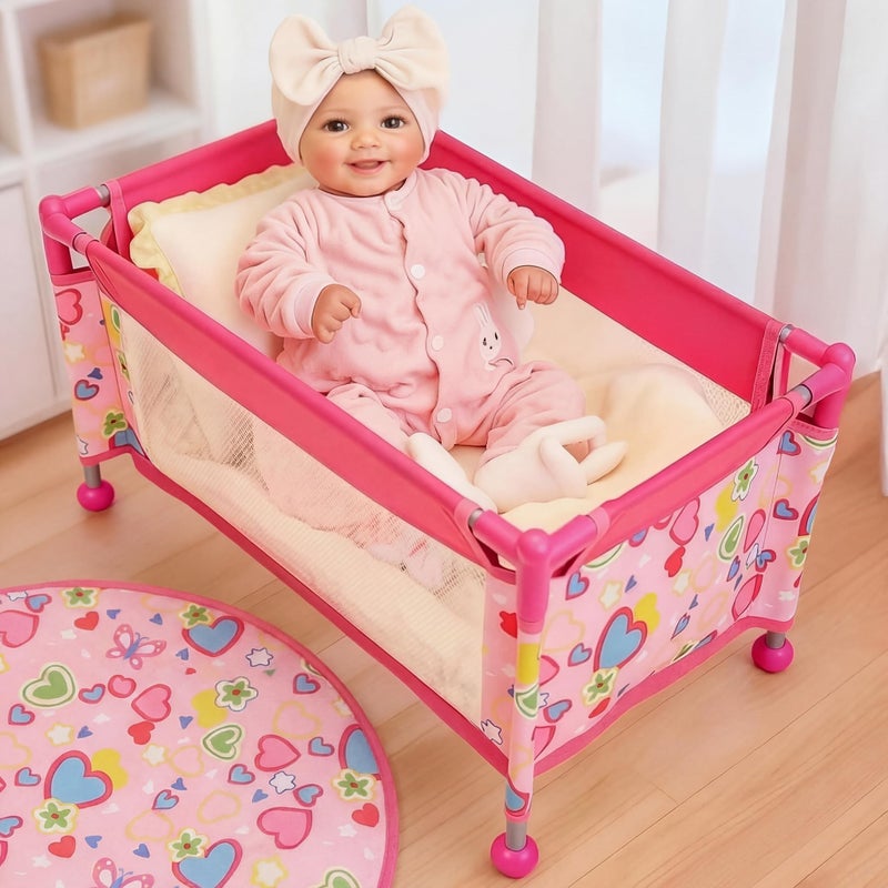 BABESIDE Baby Doll Crib for 18" Reborn Dolls,Baby Doll Bed with Storage Bag, Reborn Babydolls Accessories for Age 3+,Doll Crib Playpen for Kids Age 3+,Pink - Image 1