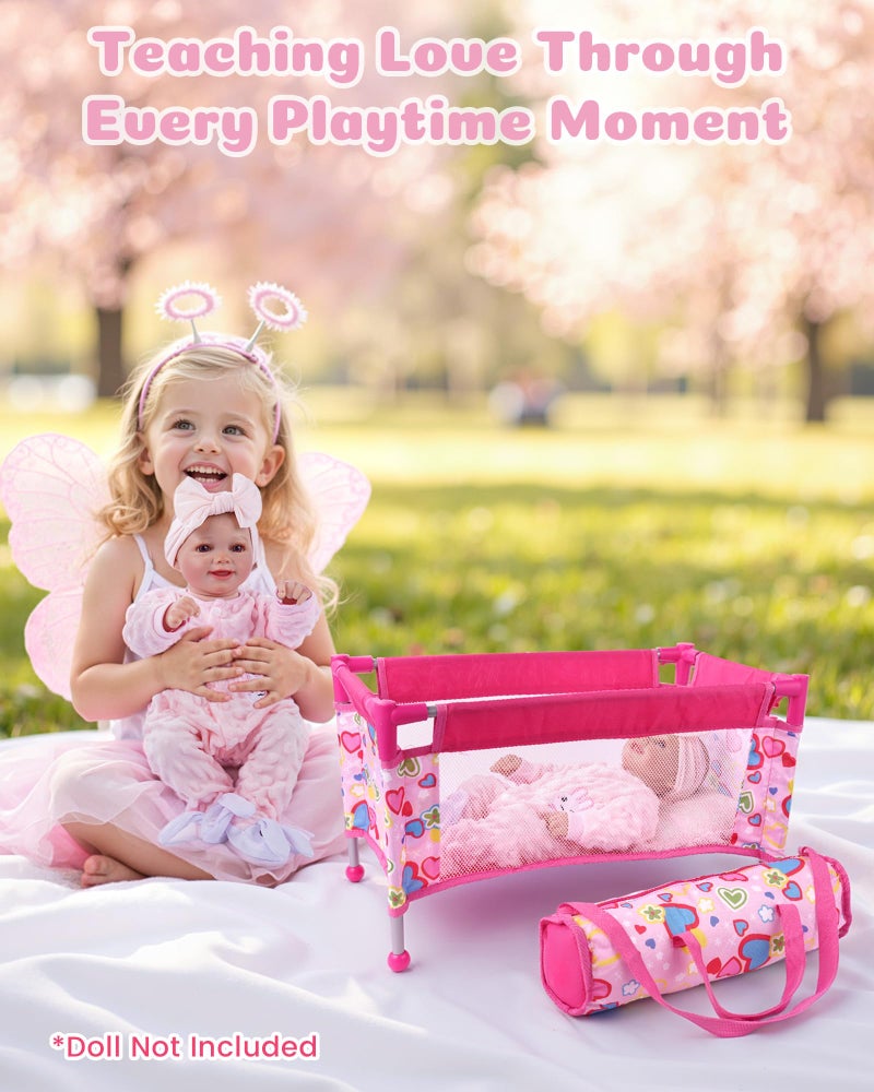 BABESIDE Baby Doll Crib for 18" Reborn Dolls,Baby Doll Bed with Storage Bag, Reborn Babydolls Accessories for Age 3+,Doll Crib Playpen for Kids Age 3+,Pink - Image 4