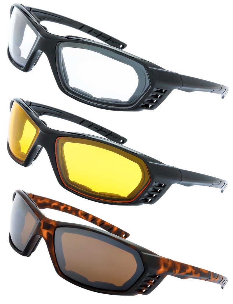 The Fresh 3 Pairs Motorcycle Riding Glasses Padded Frame Lens Block 100% UVB for Outdoor Activity Sport (3-Shiny Black/Tortoise, Clear, Yellow, & Brown) - Image 1