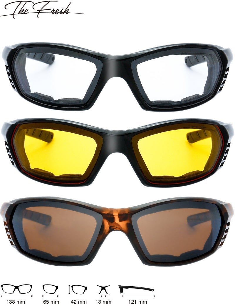 The Fresh 3 Pairs Motorcycle Riding Glasses Padded Frame Lens Block 100% UVB for Outdoor Activity Sport (3-Shiny Black/Tortoise, Clear, Yellow, & Brown) - Image 2