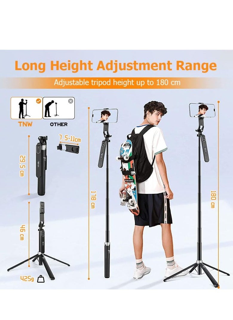 TNW - Cellphone Tripod Selfie Stick,180cm Tall Tripod Stand All-in-1 with Wireless Remote, 360° Portable Travel Camera Holder for iphone Android Video Recording - Image 1