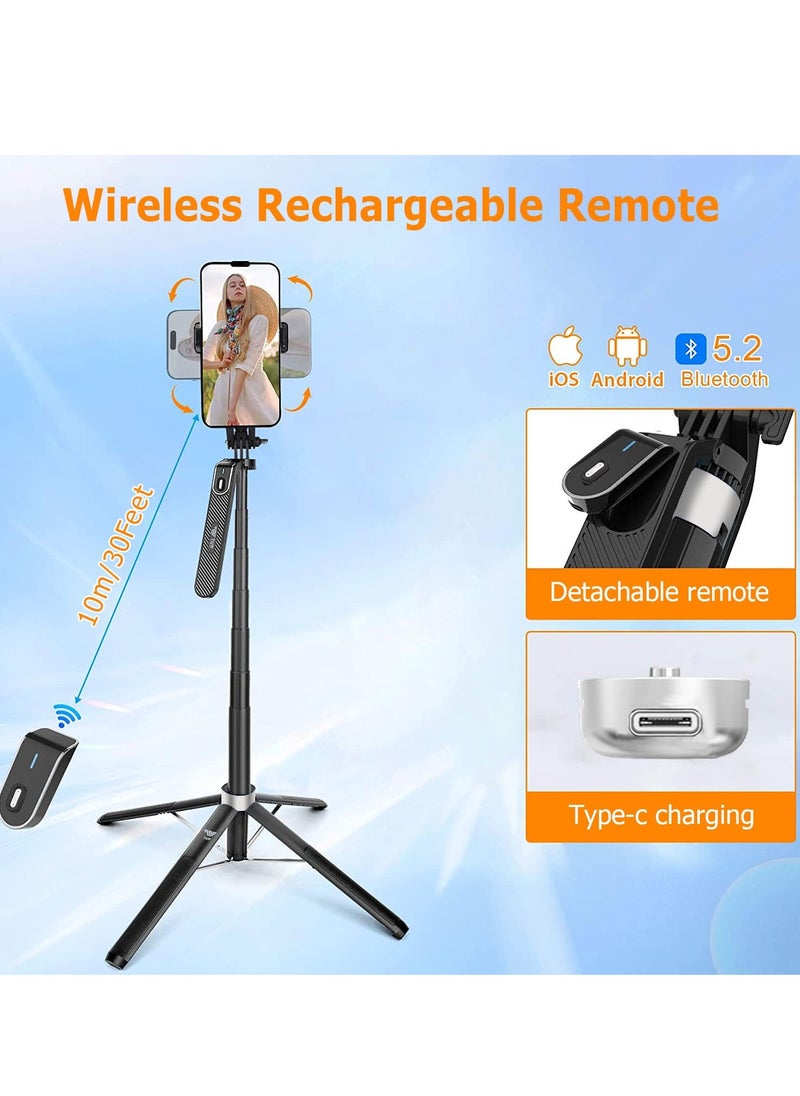 TNW - Cellphone Tripod Selfie Stick,180cm Tall Tripod Stand All-in-1 with Wireless Remote, 360° Portable Travel Camera Holder for iphone Android Video Recording - Image 1