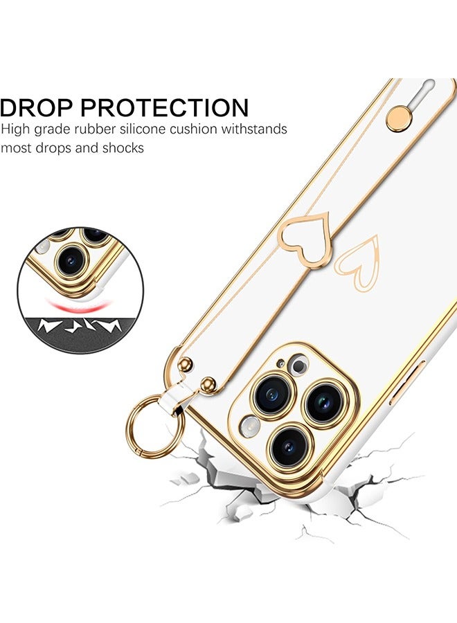 HS Compatible With iPhone 15 Pro Case, iPhone 15 Pro Phone Case With Adjustable Wristband Kickstand Loop, Lovely Heart Luxury Plating Bumper, Raised Corner Shockproof Women Girls Cover, White  - Image 3