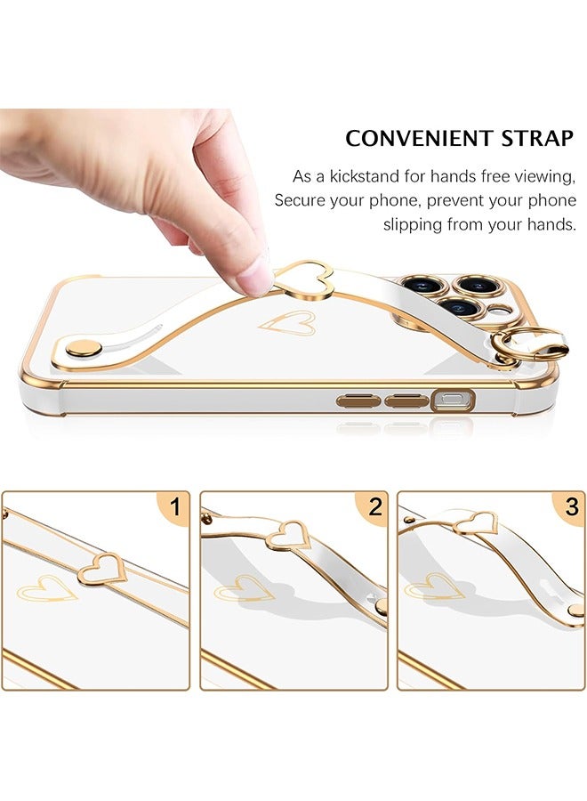 HS Compatible With iPhone 15 Pro Case, iPhone 15 Pro Phone Case With Adjustable Wristband Kickstand Loop, Lovely Heart Luxury Plating Bumper, Raised Corner Shockproof Women Girls Cover, White  - Image 4