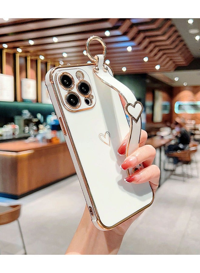 HS Compatible With iPhone 15 Pro Case, iPhone 15 Pro Phone Case With Adjustable Wristband Kickstand Loop, Lovely Heart Luxury Plating Bumper, Raised Corner Shockproof Women Girls Cover, White  - Image 1