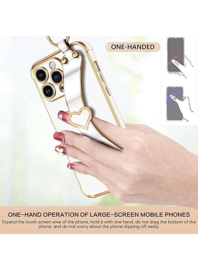 HS Compatible With iPhone 15 Pro Case, iPhone 15 Pro Phone Case With Adjustable Wristband Kickstand Loop, Lovely Heart Luxury Plating Bumper, Raised Corner Shockproof Women Girls Cover, White  - Image 5