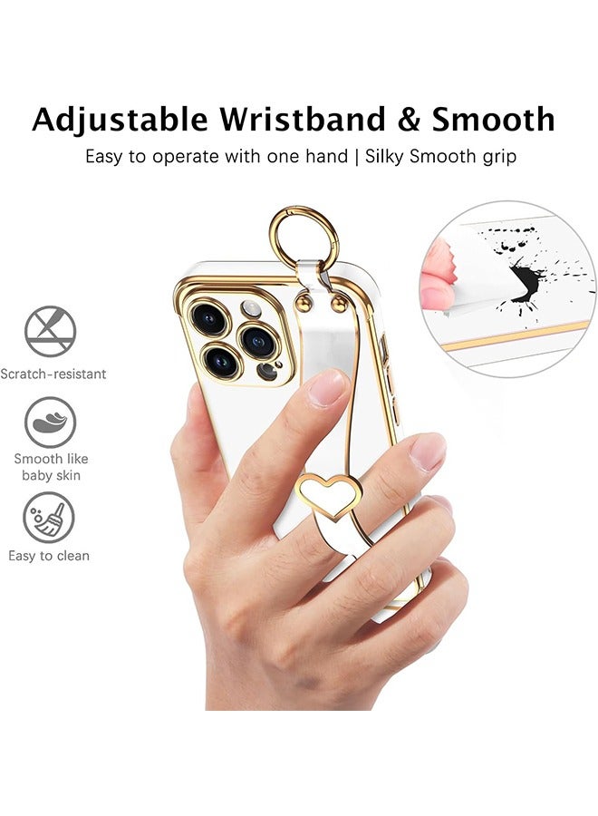 HS Compatible With iPhone 15 Pro Case, iPhone 15 Pro Phone Case With Adjustable Wristband Kickstand Loop, Lovely Heart Luxury Plating Bumper, Raised Corner Shockproof Women Girls Cover, White  - Image 2