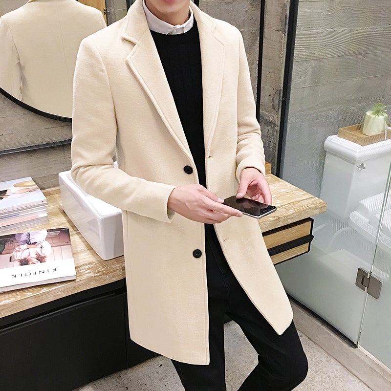 2023 Spring and Autumn Woolen Coat Mens Mid-length Korean-style Trendy Windbreaker TiZi Thin Mid-length Woolen Coat Creamy-white 