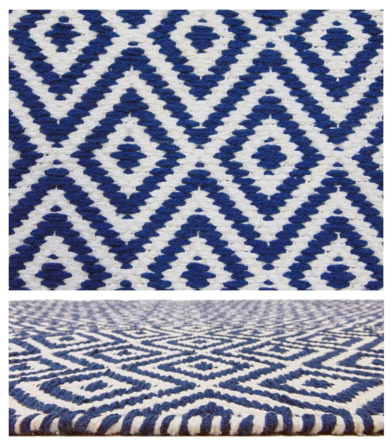 MDZ ® Hand Woven 100% Cotton Diamond Rug, Bed Side Runner for Bedroom, Living Room, Kitchen, Entrance, Passage, Style: Modern, Size: 2x5 Feet | Organic | Eco Friendly | Machine Washable (Blue) - Image 4
