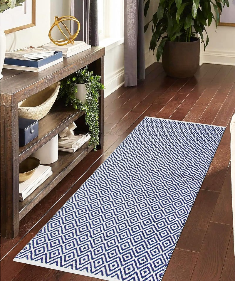 MDZ ® Hand Woven 100% Cotton Diamond Rug, Bed Side Runner for Bedroom, Living Room, Kitchen, Entrance, Passage, Style: Modern, Size: 2x5 Feet | Organic | Eco Friendly | Machine Washable (Blue) - Image 2
