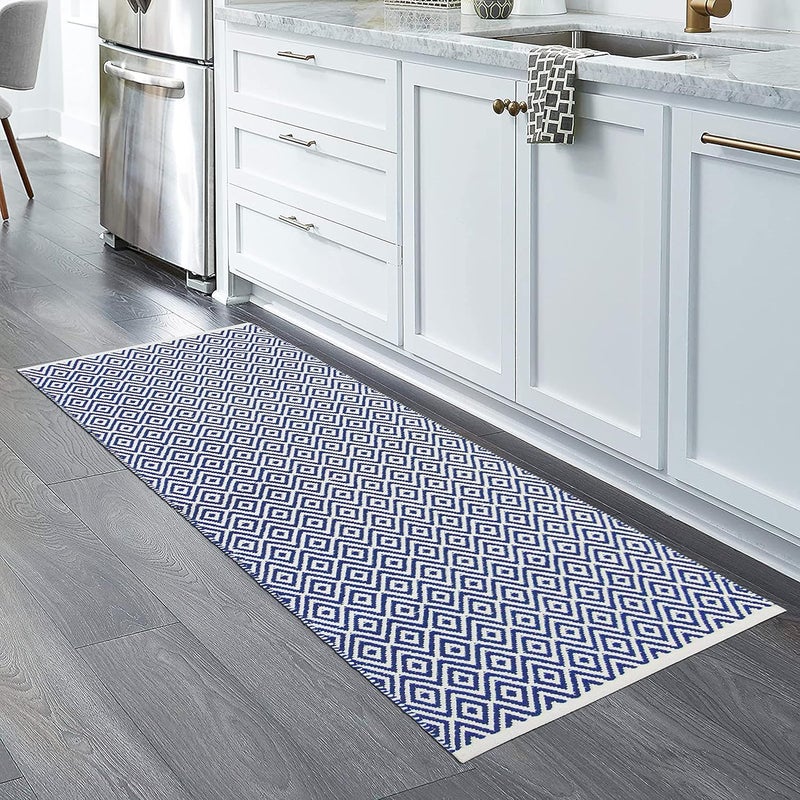 MDZ ® Hand Woven 100% Cotton Diamond Rug, Bed Side Runner for Bedroom, Living Room, Kitchen, Entrance, Passage, Style: Modern, Size: 2x5 Feet | Organic | Eco Friendly | Machine Washable (Blue) - Image 1
