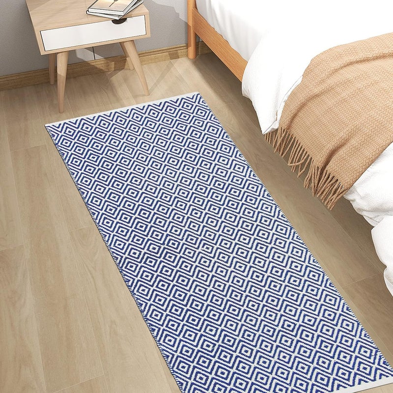 MDZ ® Hand Woven 100% Cotton Diamond Rug, Bed Side Runner for Bedroom, Living Room, Kitchen, Entrance, Passage, Style: Modern, Size: 2x5 Feet | Organic | Eco Friendly | Machine Washable (Blue) - Image 3