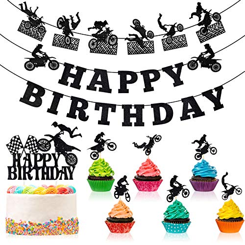 Zonon 20 Pieces Dirt Bike Birthday Decoration Dirt Bike Party Supplies Banner Cake Cupcake Topper for Motocross Themed Birthday Party Man or Boy Riding Room Wall Decoration (Classic Style) - Image 1