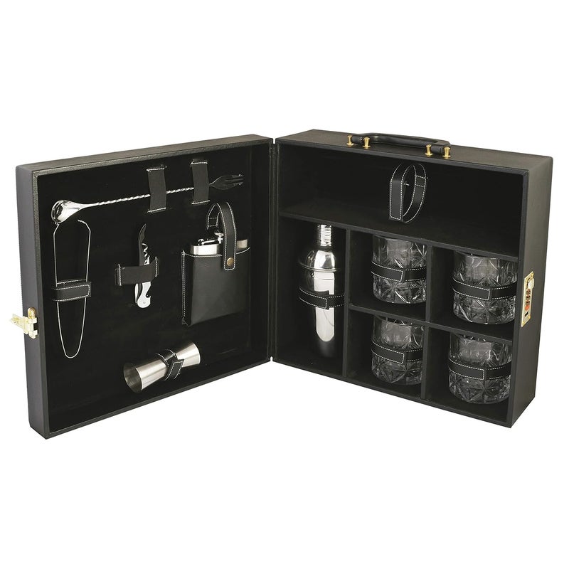 Anything & Everything Portable Bar Set | Portable Leatherette Bar Set | Wine Case | Whisky Case | Portable Bar Accessories Set (Holds 01 Bottle & 04 Whisky Glasses) (Black & Black) - Image 2