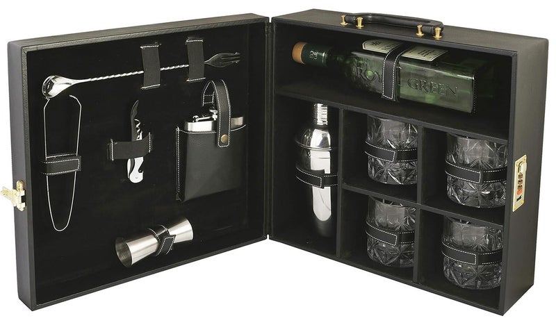 Anything & Everything Portable Bar Set | Portable Leatherette Bar Set | Wine Case | Whisky Case | Portable Bar Accessories Set (Holds 01 Bottle & 04 Whisky Glasses) (Black & Black) - Image 1