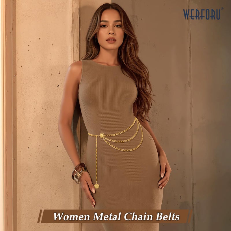 WERFORU Women Metal Waist Chain Belt Multilayer Gold Chain Belts for Women Western Chain Waistbelts for Dress - Image 3