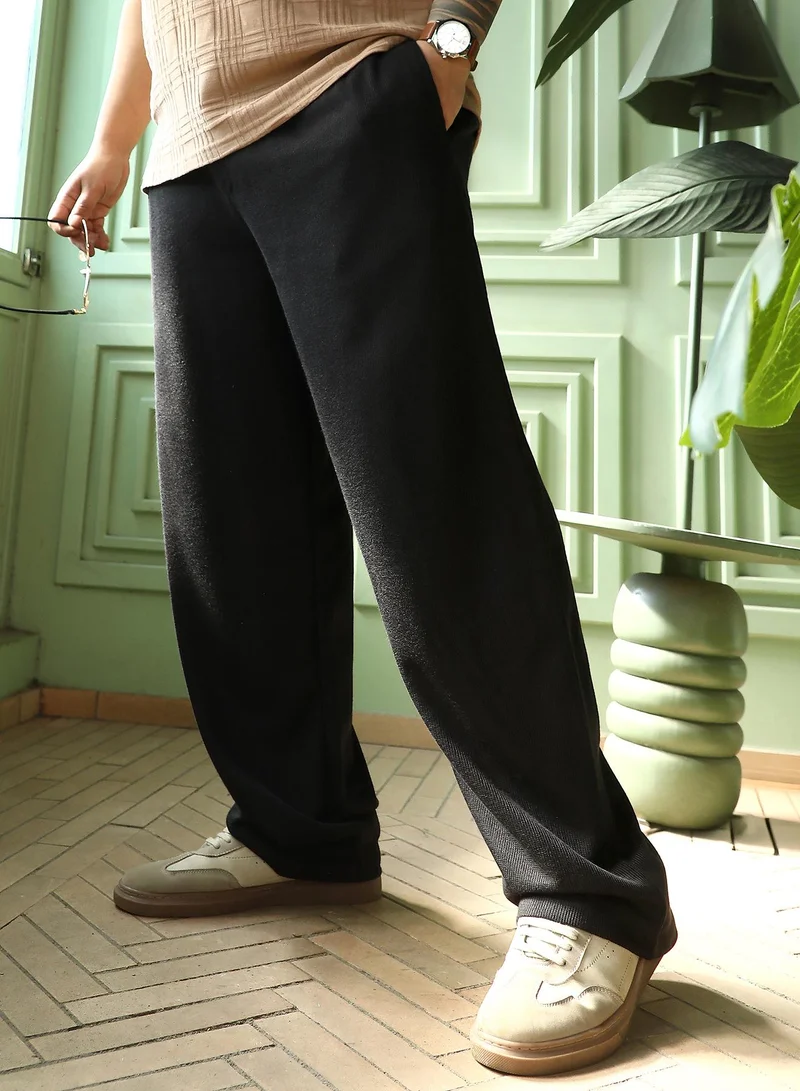 Men Pleated-Ribbed Trousers | Mid-Rise, Side-Elasticated Stretch Waist | Button Closure, Straight Hem | Solid Ribbed | Knitted Fabric For Plus Size Office & Casual Wear | Onyx Black