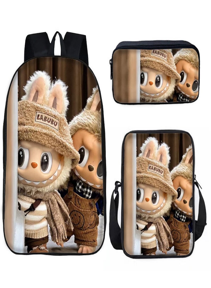 LABUBU Children Backpack Schoolbag Teen Student School Book bag with Lunch Box Pen Case 3 in 1 for Kids