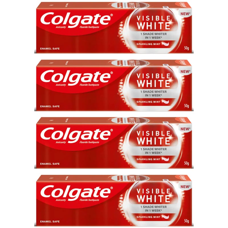 Colgate معجون أسنان كولجيت فيزبل وايت بنكهة النعناع المتلألئ 50 جرام (200 جرام، عبوة من 4، 50 جرام لكل منها) - يبيض الأسنان، يحمي المينا، ينعش النفس