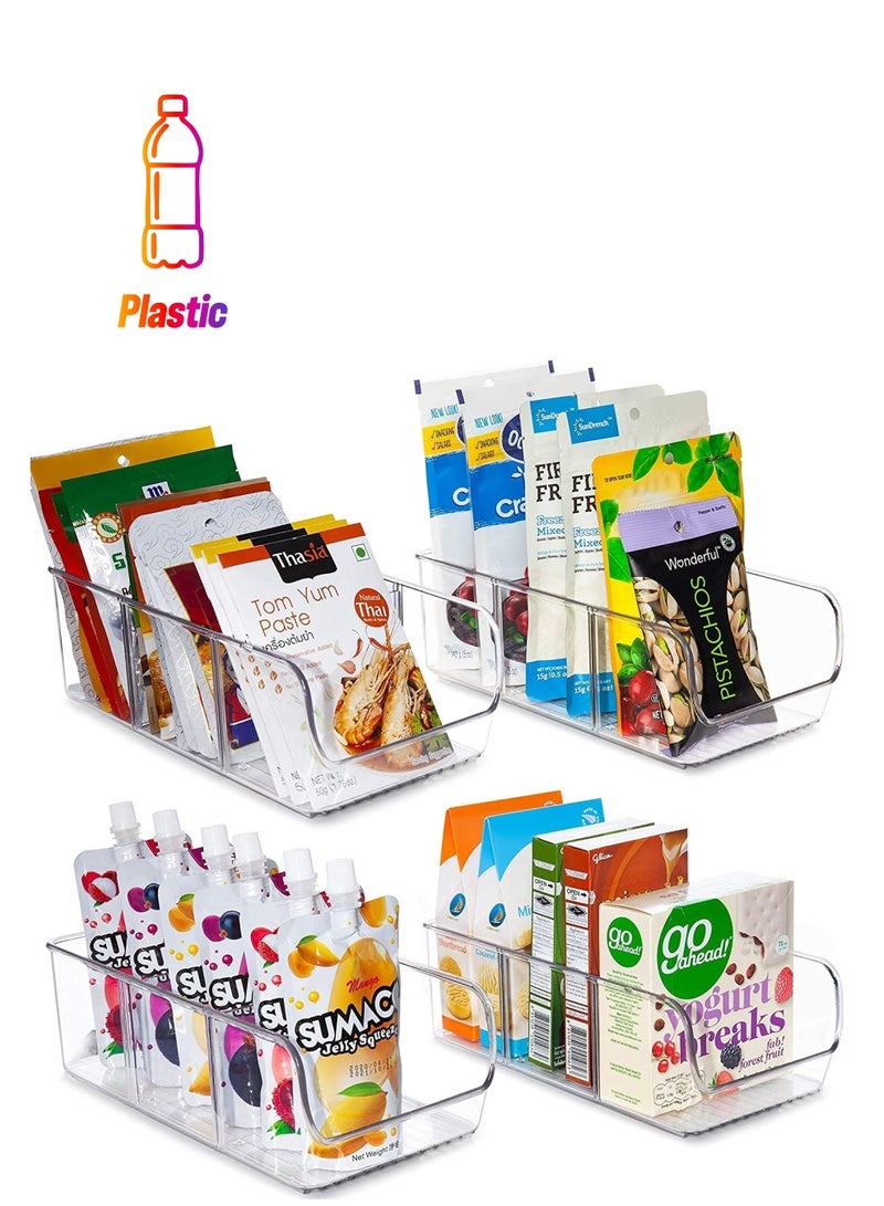 MIXDE 4 Pack Food Packet Organizer Bins, Plastic Clear Pantry Bins for Holding Seasoning Packets, Spice Packets, Pouches, Snacks in Kitchen, Cabinets or Countertop, with 2 Removable Dividers  - Image 1