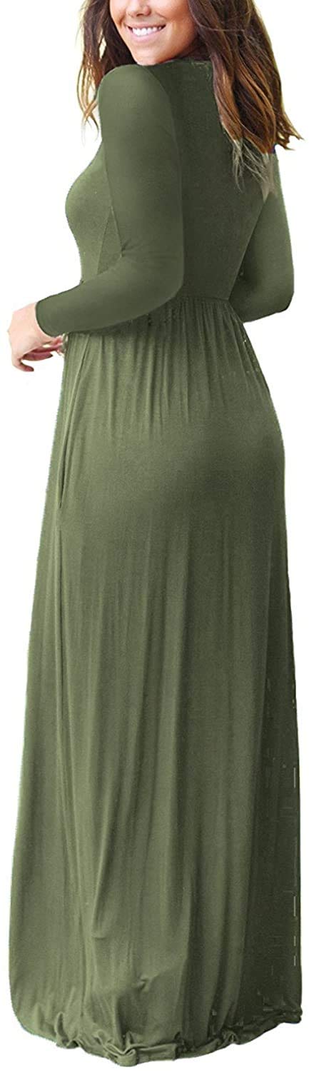 AUSELILY Women's Long Sleeve Dress Loose Plain Long Casual Maxi Dresses with Pockets 2025 New Army Green L - Image 5