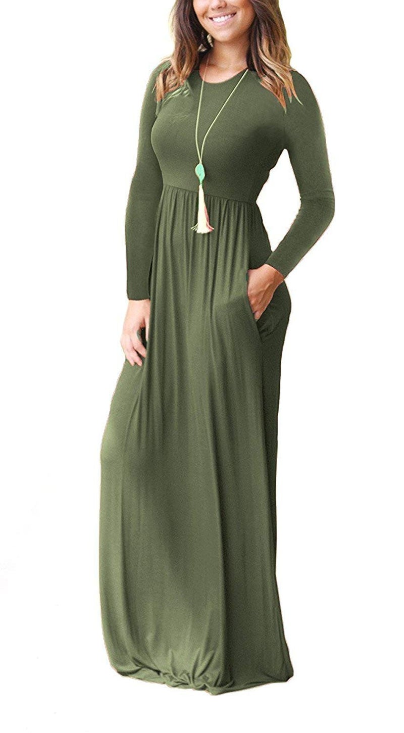 AUSELILY Women's Long Sleeve Dress Loose Plain Long Casual Maxi Dresses with Pockets 2025 New Army Green L - Image 2