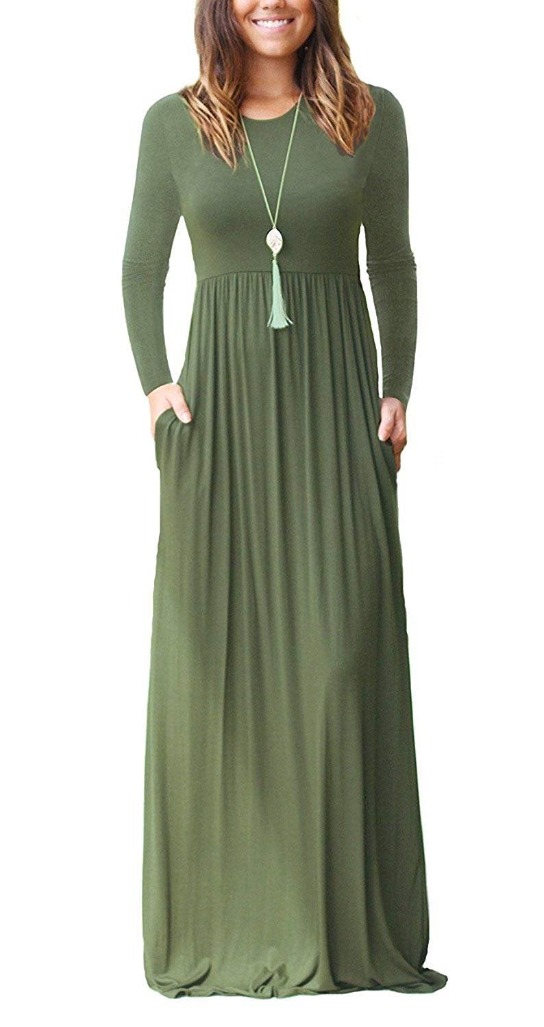 AUSELILY Women's Long Sleeve Dress Loose Plain Long Casual Maxi Dresses with Pockets 2025 New Army Green L - Image 1