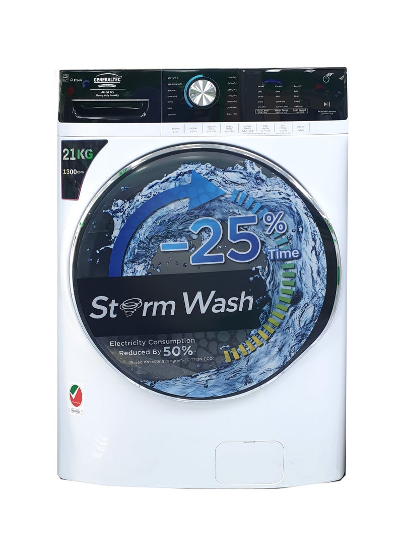 GENERALTEC Generaltec 21 Kg Fully Automatic Front Load Washing Machine - Model GWF21KG13RW, 1300 RPM, BLDC Inverter Motor, 22 Programs, Steam Option, Water & Energy Efficient, Delay Start, Child Lock 