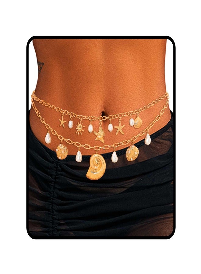 ELABEST Seashell Waist Chain Gold Big Starfish Pearl Summer Beach Belly Chain Jewelry for Women (Pearl Conch) - Image 1