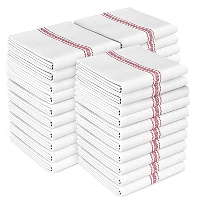 Zeppoli Classic Kitchen Towels - 30 Pack 100% Natural Cotton Towel Set, Reusable Wash Cloths, Absorbent Dish Towels, Machine Washable Hand Towels, Kitchen Essentials - 14 by 25 - Red Striped