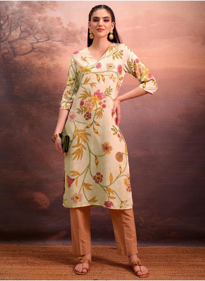 Vishudh Women Beige Floral Printed V-Neck Straight Kurta by Styli  - Image 1