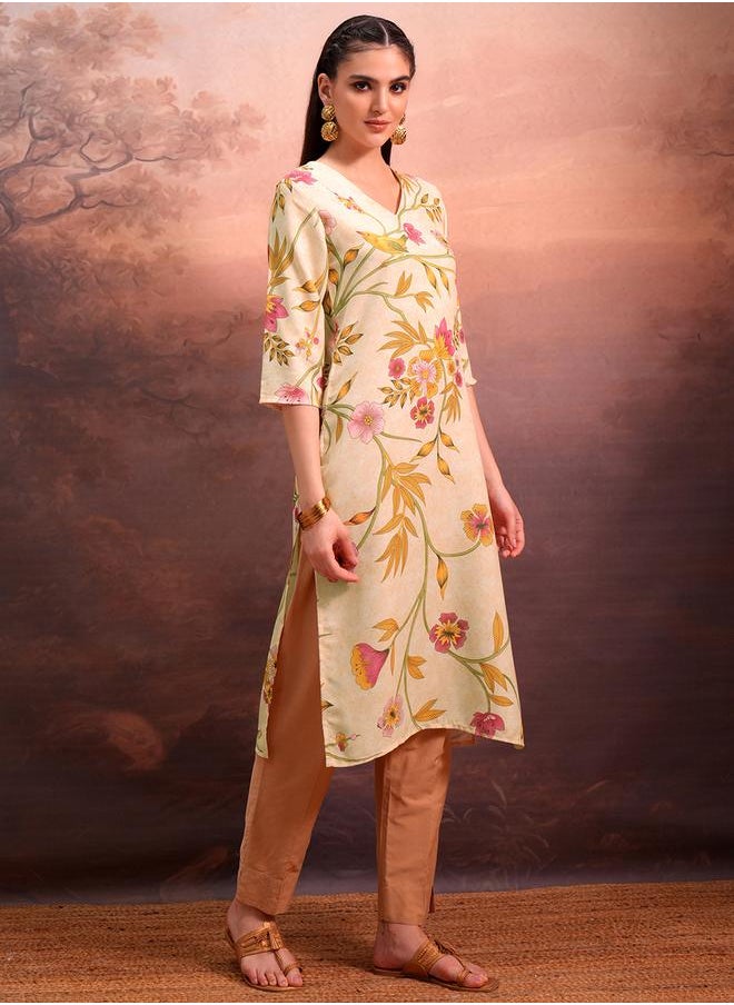 Vishudh Women Beige Floral Printed V-Neck Straight Kurta by Styli  - Image 4