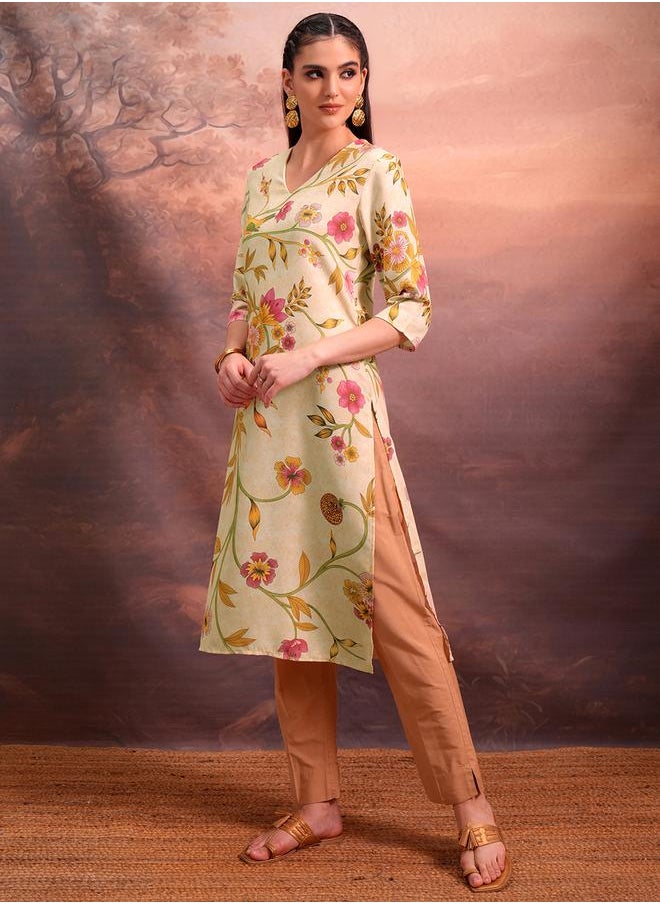 Vishudh Women Beige Floral Printed V-Neck Straight Kurta by Styli  - Image 2