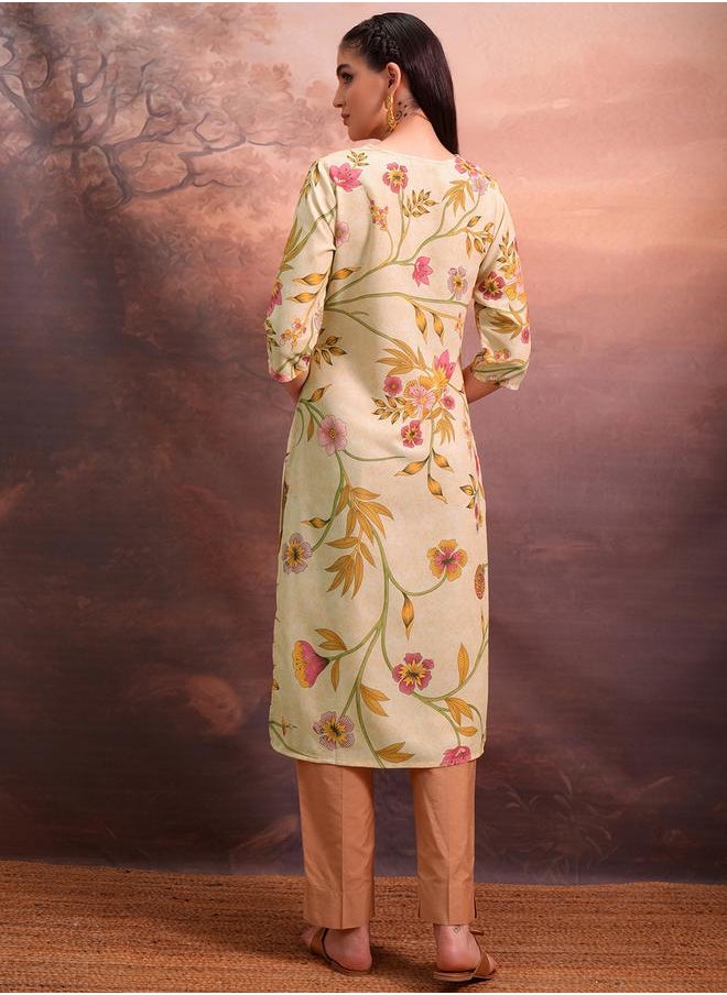 Vishudh Women Beige Floral Printed V-Neck Straight Kurta by Styli  - Image 3