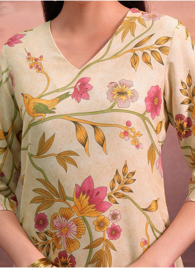 Vishudh Women Beige Floral Printed V-Neck Straight Kurta by Styli  - Image 5