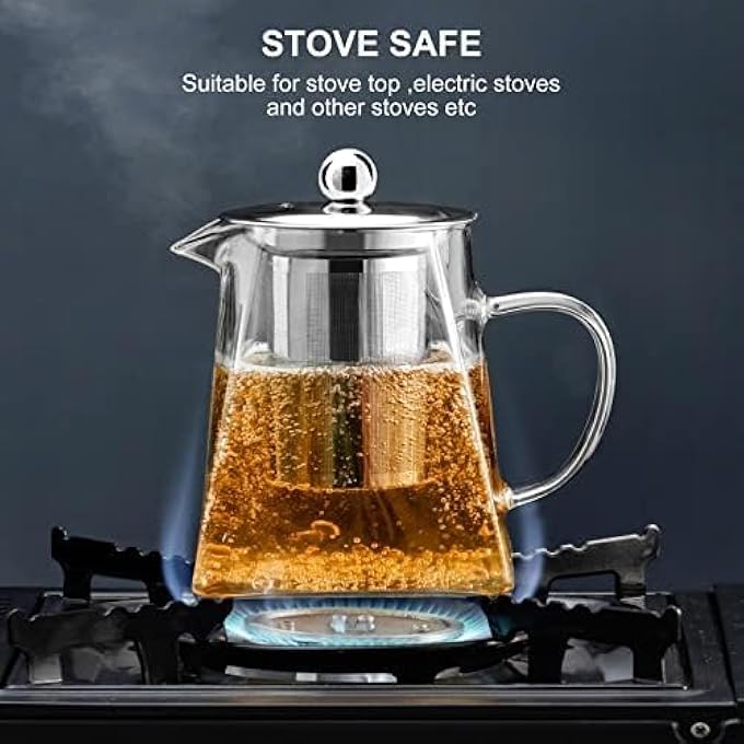 كاست ويف إبريق شاي زجاجي آمن للاستخدام على الموقد، سعة 186 أونصة، غلاية شاي شفافة من البورسليكات مع مصفاة قابلة للإزالة من الفولاذ المقاوم للصدأ 188، صانع شاي أوراق الشجر المتفتحة للتخييم والسفر، آمن للاستخدام في الميكروويف وآمن في غسالة الأطباق - Image 5