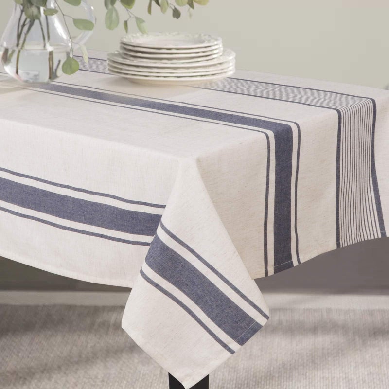ColorBird French Stripe Tablecloth Cotton Linen Fabric DustProof Farmhouse Table Cover for Kitchen Dining Party Brunches RectangleOblong 60 x 84 Inch Navy