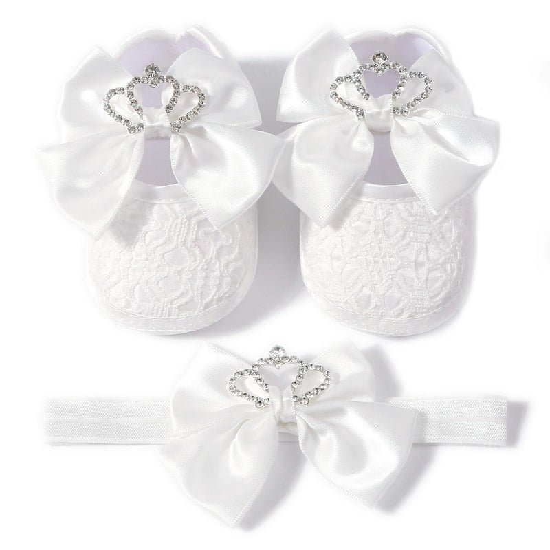 TsQiiane Newbron Baby Girls Mary Jane Shoes with Headband Soft Sole Anti-skidding Crown Bowknot Lace Princess Flats Infant Shower Wedding Dress Crib Shoes(White,0-6months) - Image 1