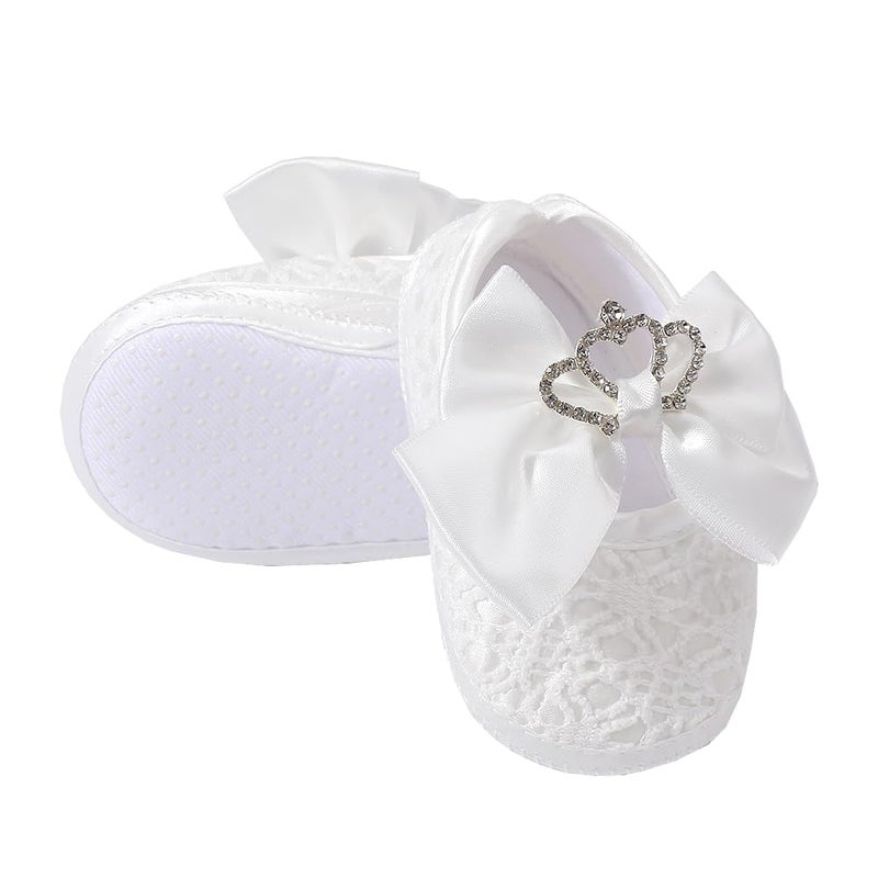 TsQiiane Newbron Baby Girls Mary Jane Shoes with Headband Soft Sole Anti-skidding Crown Bowknot Lace Princess Flats Infant Shower Wedding Dress Crib Shoes(White,0-6months) - Image 3