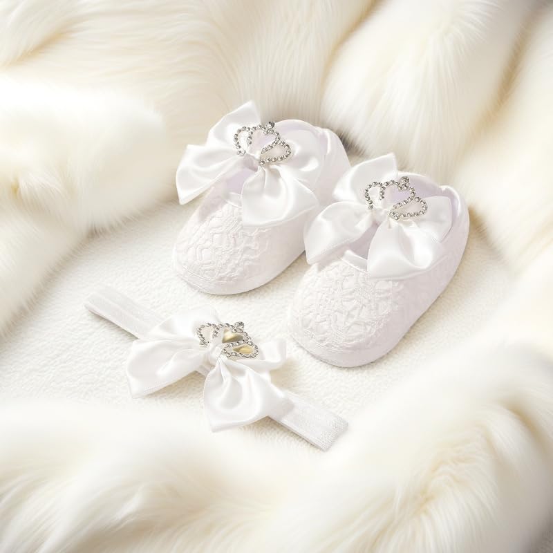 TsQiiane Newbron Baby Girls Mary Jane Shoes with Headband Soft Sole Anti-skidding Crown Bowknot Lace Princess Flats Infant Shower Wedding Dress Crib Shoes(White,0-6months) - Image 4
