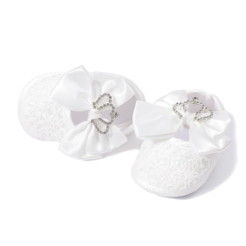 TsQiiane Newbron Baby Girls Mary Jane Shoes with Headband Soft Sole Anti-skidding Crown Bowknot Lace Princess Flats Infant Shower Wedding Dress Crib Shoes(White,0-6months) - Image 2
