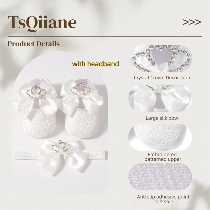 TsQiiane Newbron Baby Girls Mary Jane Shoes with Headband Soft Sole Anti-skidding Crown Bowknot Lace Princess Flats Infant Shower Wedding Dress Crib Shoes(White,0-6months) - Image 5