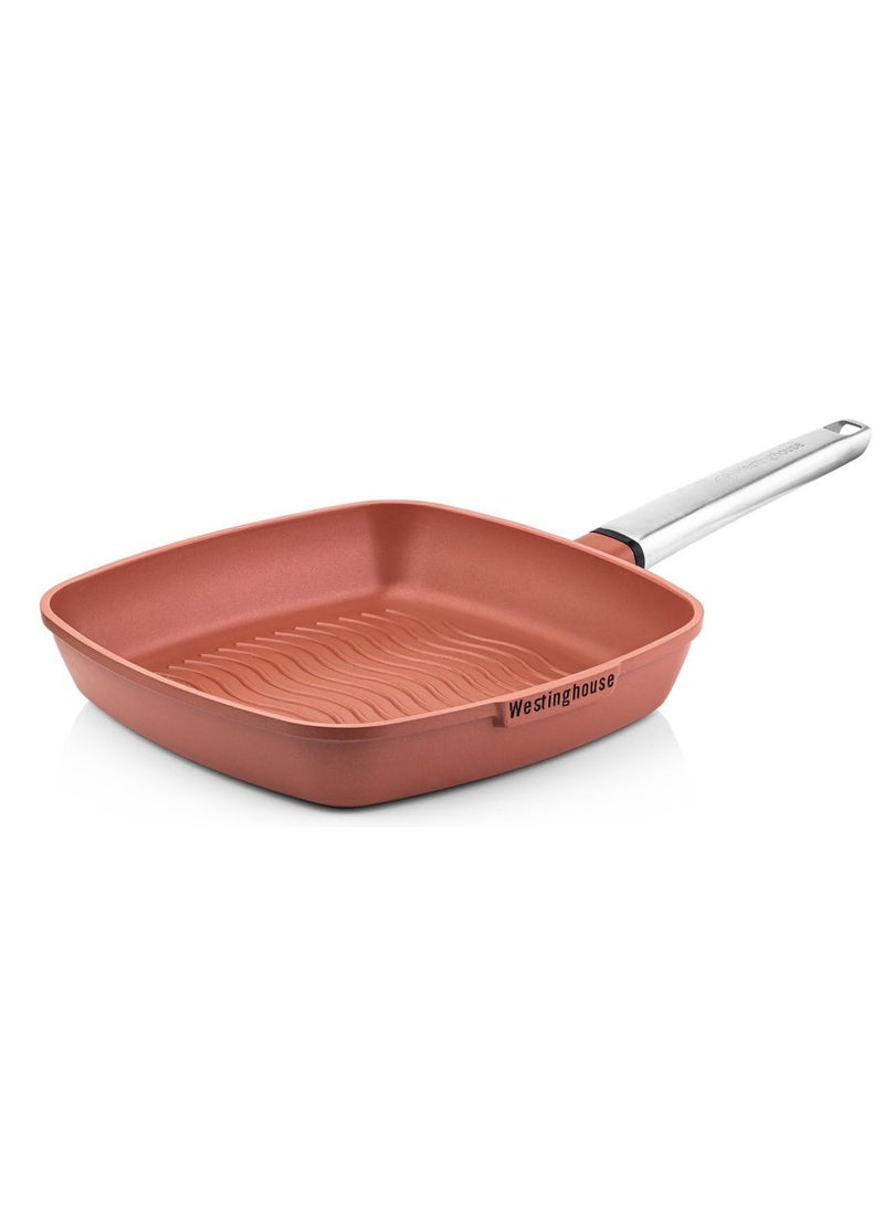 Westinghouse Westinghouse 28cm Non-Stick Ribbed Grill Pan Cast Aluminum with PPG QuanTanium Coating Stainless Steel Handle Induction & Oven Safe Orange  - Image 1