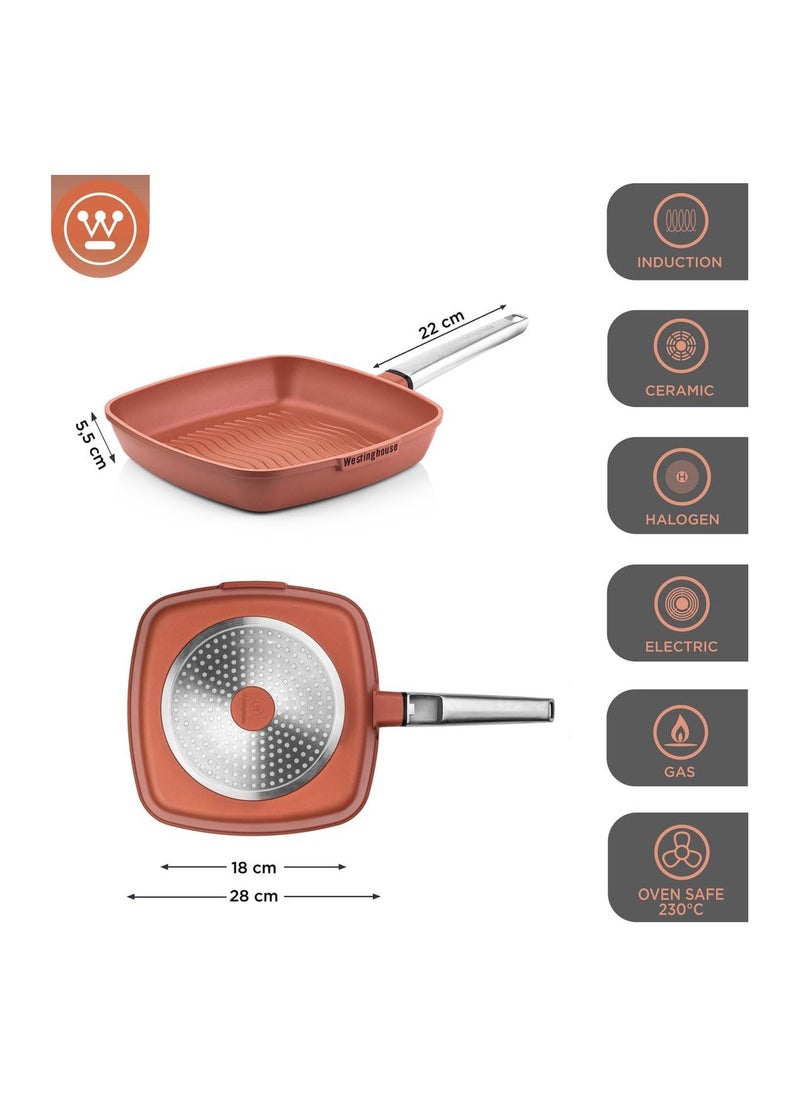 Westinghouse Westinghouse 28cm Non-Stick Ribbed Grill Pan Cast Aluminum with PPG QuanTanium Coating Stainless Steel Handle Induction & Oven Safe Orange  - Image 5