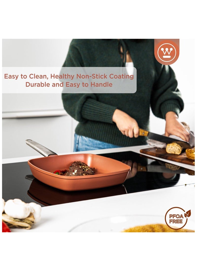Westinghouse Westinghouse 28cm Non-Stick Ribbed Grill Pan Cast Aluminum with PPG QuanTanium Coating Stainless Steel Handle Induction & Oven Safe Orange  - Image 3