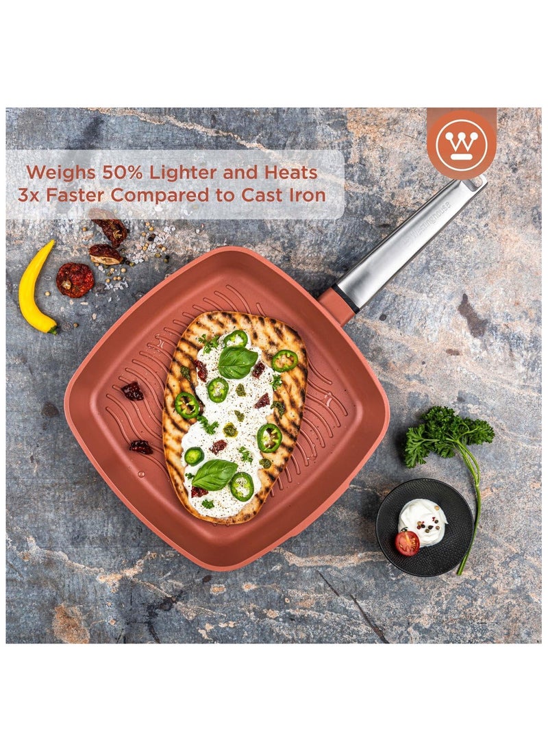 Westinghouse Westinghouse 28cm Non-Stick Ribbed Grill Pan Cast Aluminum with PPG QuanTanium Coating Stainless Steel Handle Induction & Oven Safe Orange  - Image 2