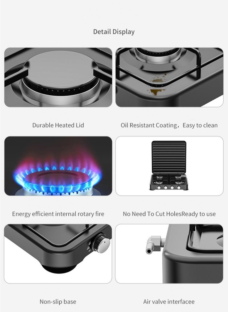 موقد غاز ستارلوكس محمول للتخييم في الهواء الطلق مع موقد مدمج و4 شعلات للطهي نظام مطبخي للأجهزة المنزلية SGS-6004B (أسود) - Image 4