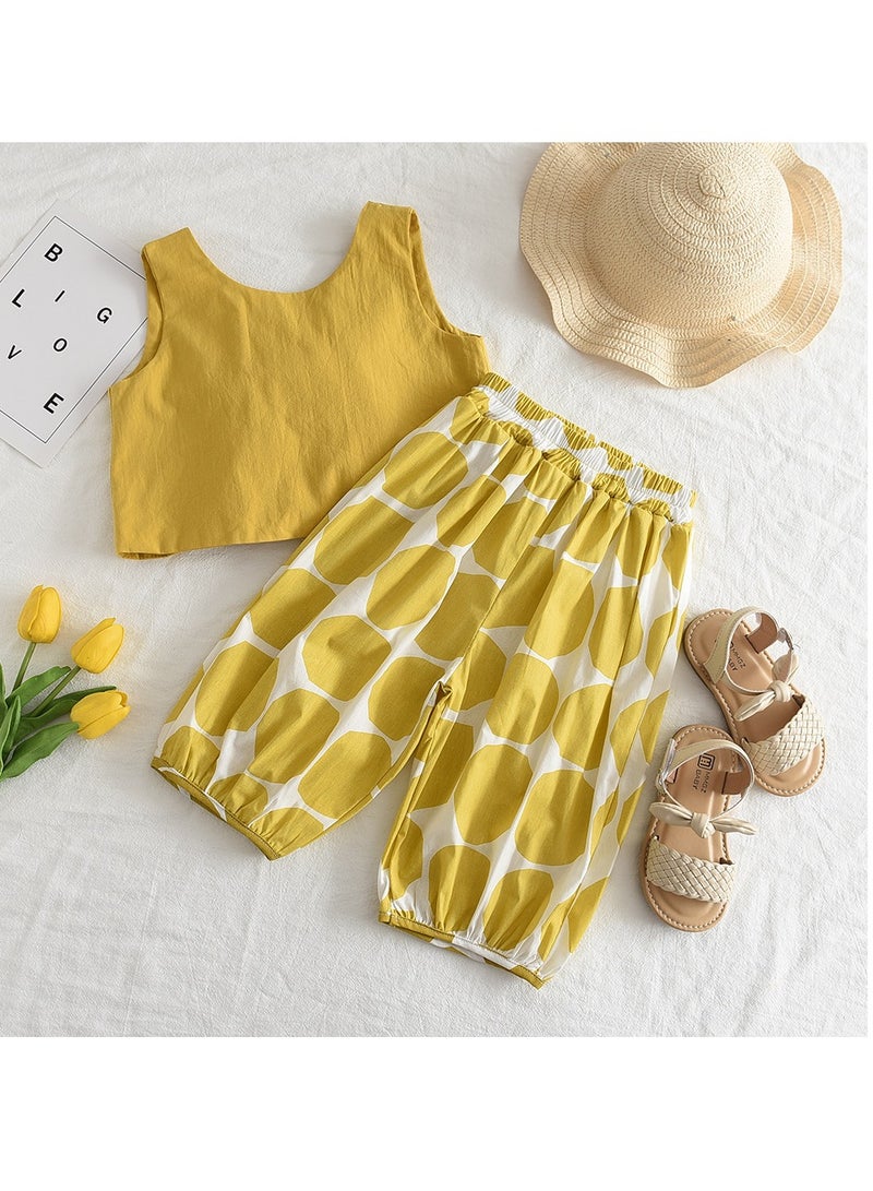 2Y Toddler Baby Girl 2-Piece Summer Outfit, Solid Bow-Tie Back Tank Top & Elastic Hem Printed Pants, Perfect for Outdoor Play, Daily Wear, Travel  - Image 1