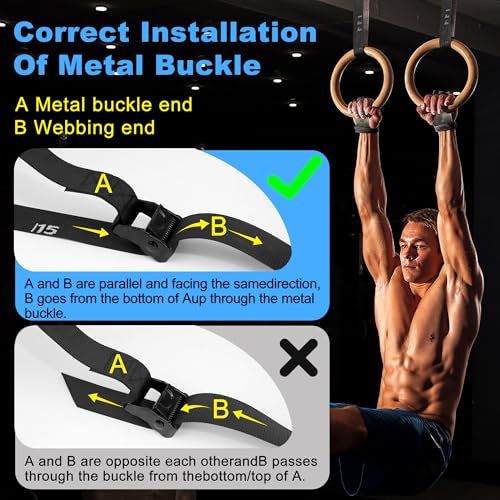 ZILLEEN Wooden 1.25“ Gymnastics Rings Olympic Rings with Adjustable Straps for Pull Up Bar Exercise Men Gym Kids - Image 4